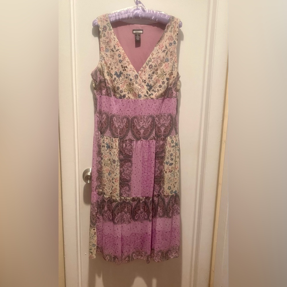 Believe Feminine Chic Pink and Cream Floral and Paisley Dress, Size 14, fitted